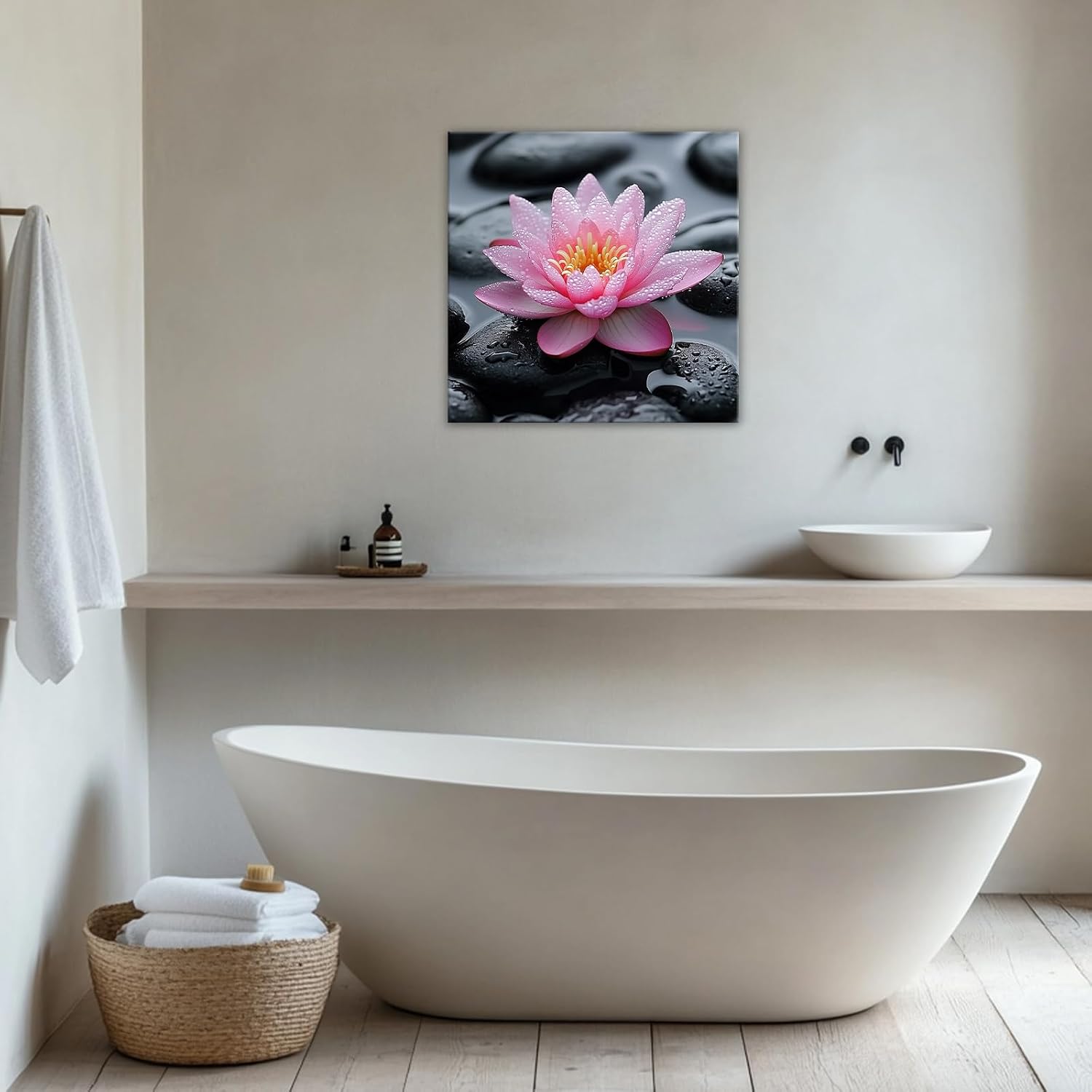 GLOKAKA Zen Floral Wall Art Pink Lotus Flower Picture Black Spa Stones in Water Painting Meditation Artwork for Yoga Bathroom Decor Frame Ready to Hang(Zen-2,12"x12")