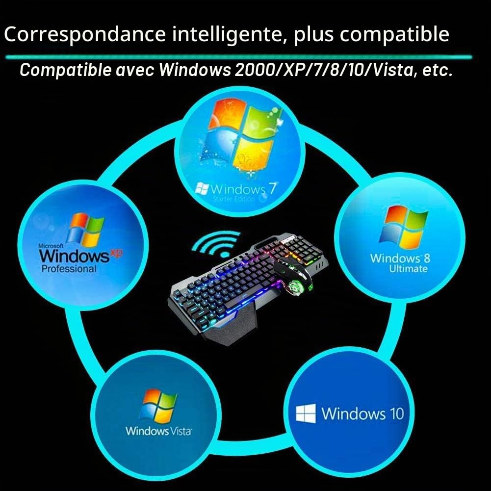 Ensemble clavier de jeu sans fil, souris clavier rétroéclairé RVB rechargeable avec batterie de 5000 mAh, panneau en métal, repose-main amovible, toucher mécanique et souris sourdine de jeu 7 couleurs