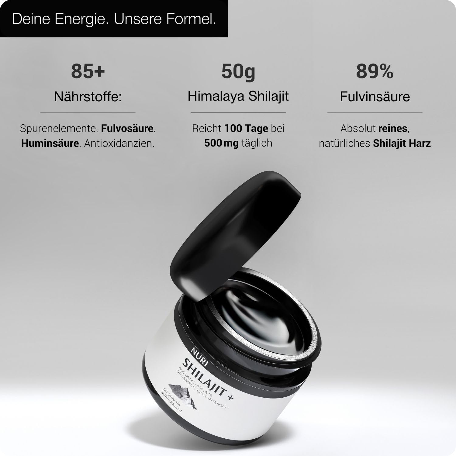 NURI Resina original Shilajit – 50 g de resina pura orgánica del Himalaya – 100 porciones – 89% ácido fúlvico – Vegano, probado en laboratorio y fabricado en Alemania