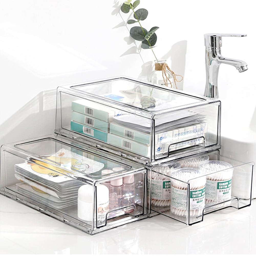 2 Piezas Organizador Cosmético Grande de Acrílico, 33,5 x 20,5 x 11 cm | Organizador de Cajones Apilable Transparente para Cosméticos, Baño, Cuidado de la Piel, Joyas