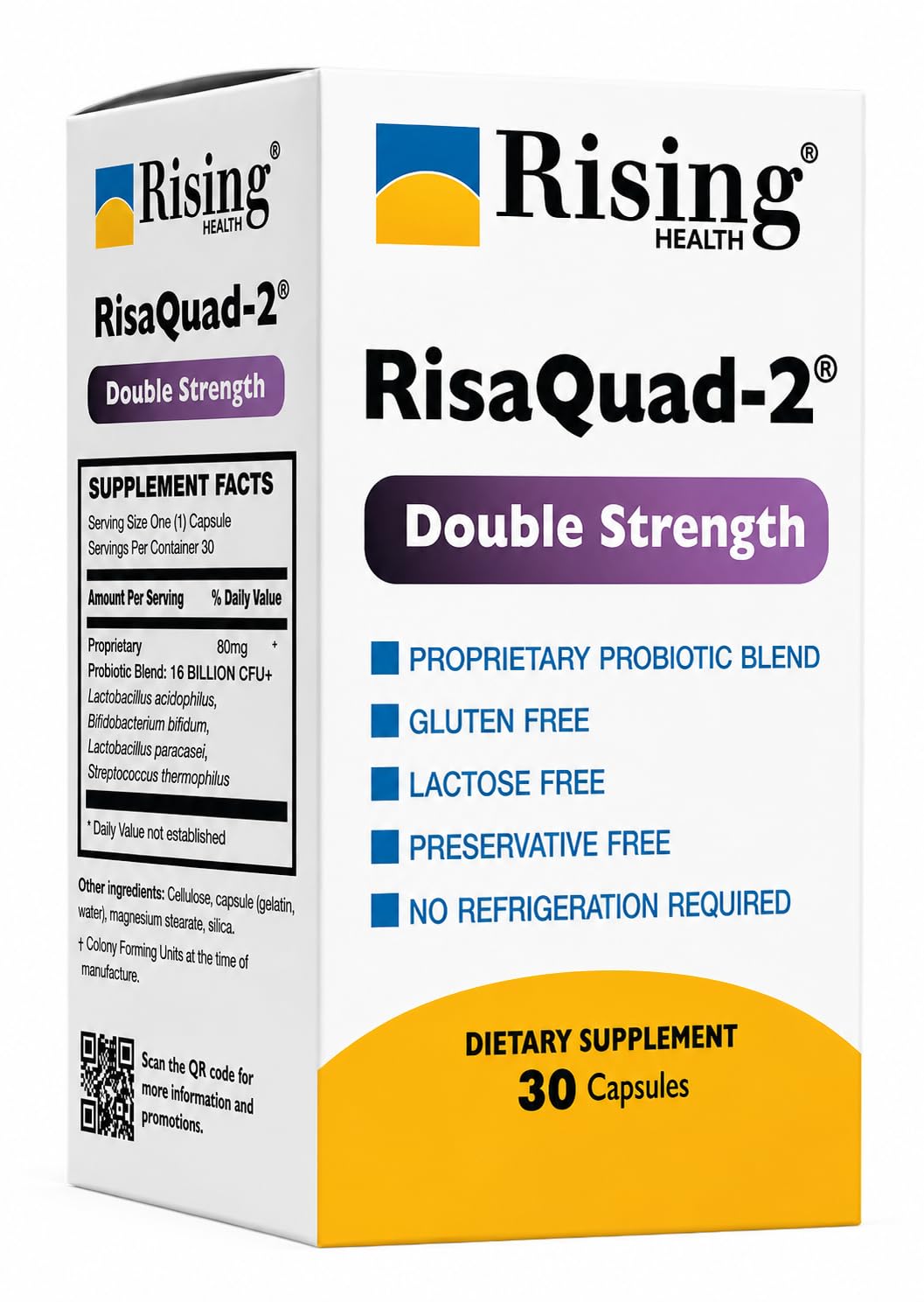Rising Suplemento Probiótico RisaQuad-2™ 80 mg, 16 bilhões de UFC+, 30 cápsulas