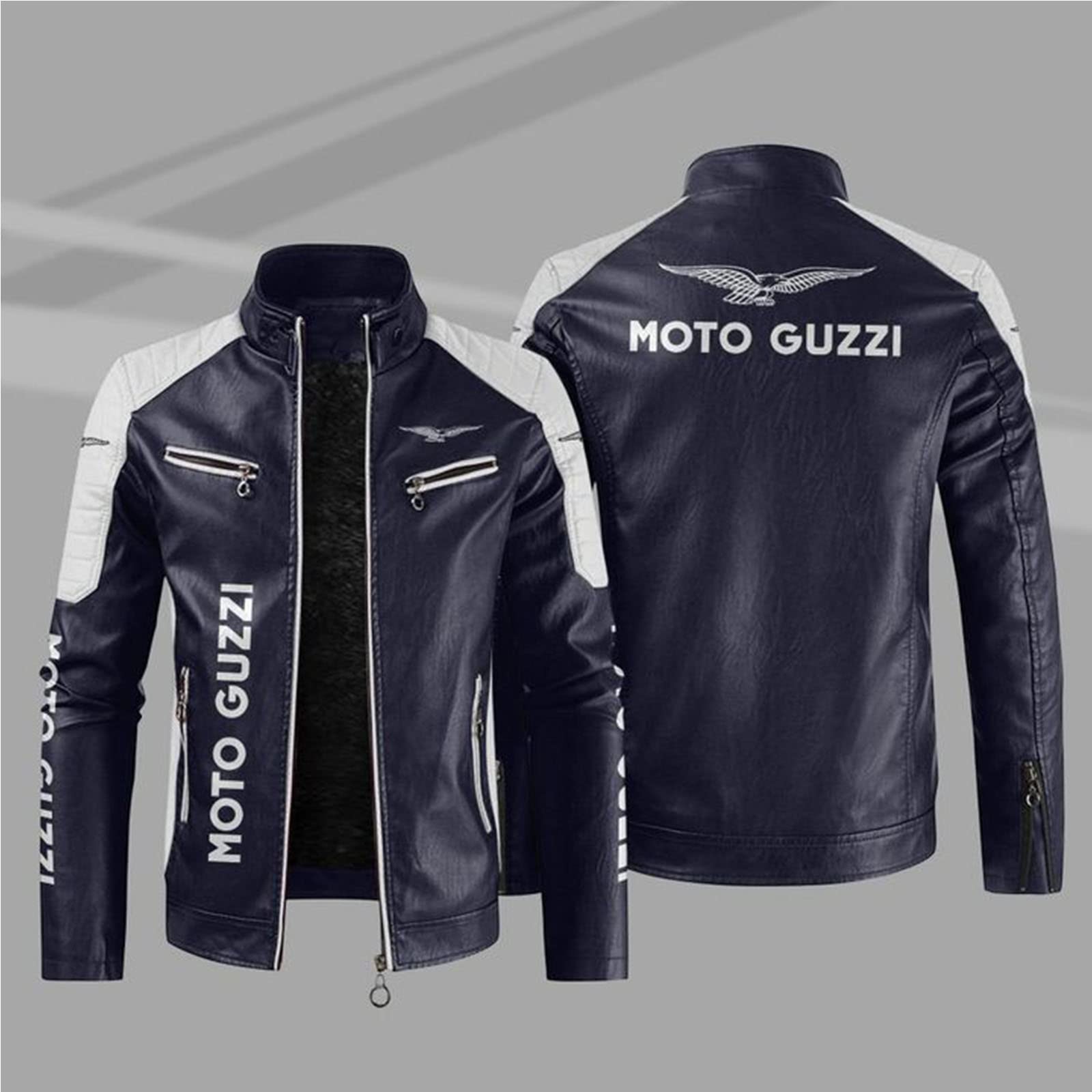 Mens Leather Jacket for Moto Guzzi Print Windproof Jackets Fleece