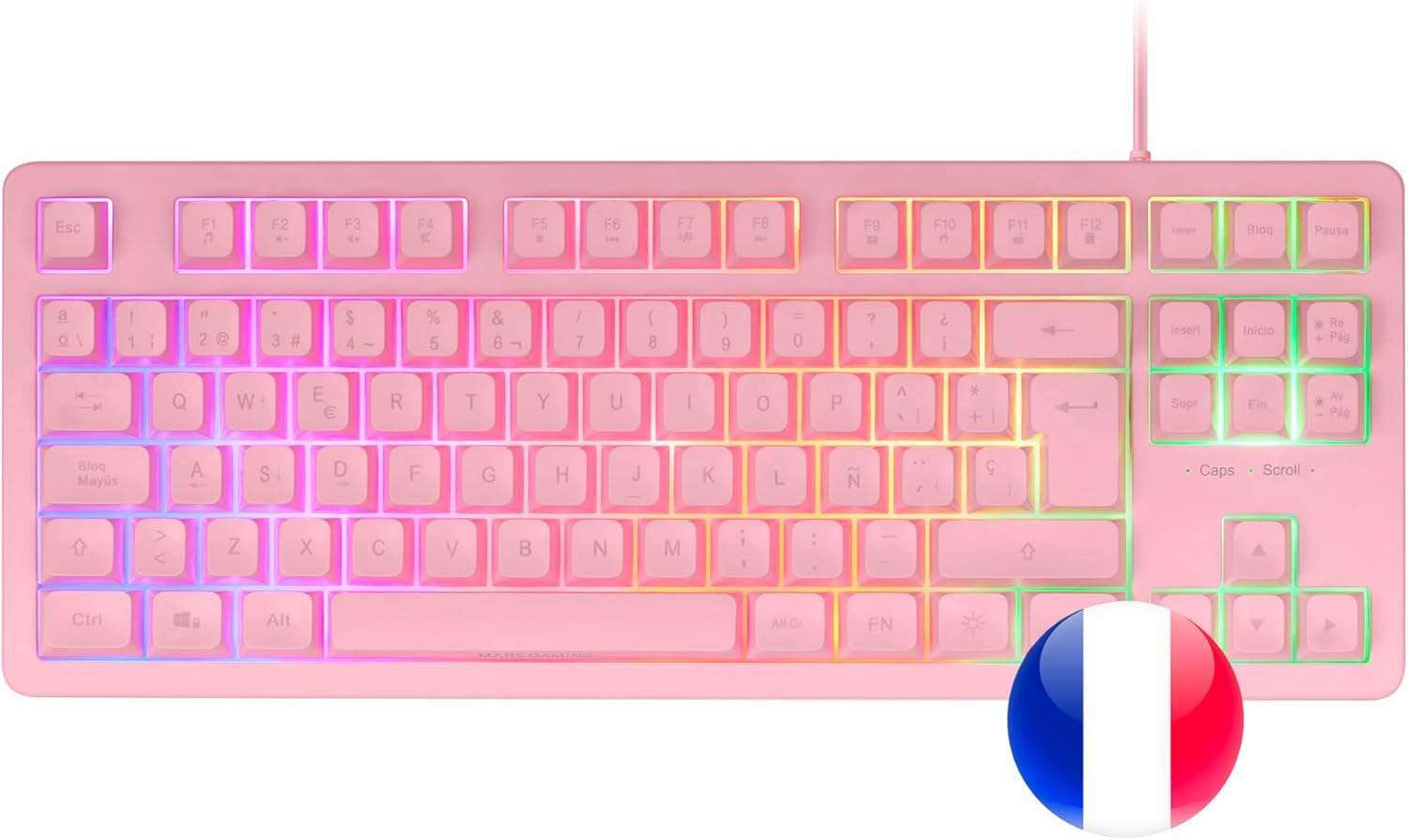 Mars Gaming MK023, TKL Gaming Keyboard, H-Mech Hybrid Technology, FRGB Rainbow Lighting, Anti-ghosting, Universal Compatibility, Pink, French Language