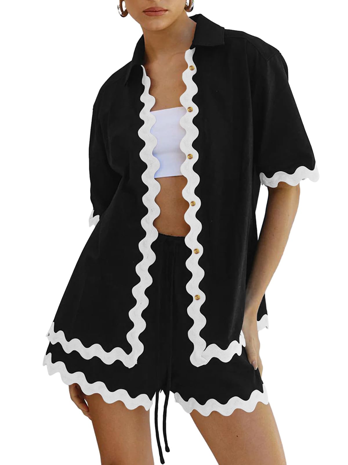WOWULOVELY Conjunto deportivo de 2 piezas para mujer, estilo casual, de manga corta, cintura alta, para vacaciones