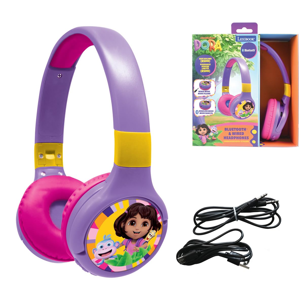 LEXIBOOK, Dora the Explorer, 2-in-1 Bluetooth & Wired Headphones with Microphone and Control Button, Foldable and Adjustable, Long-lasting Rechargeable Battery, HPBT010DOR