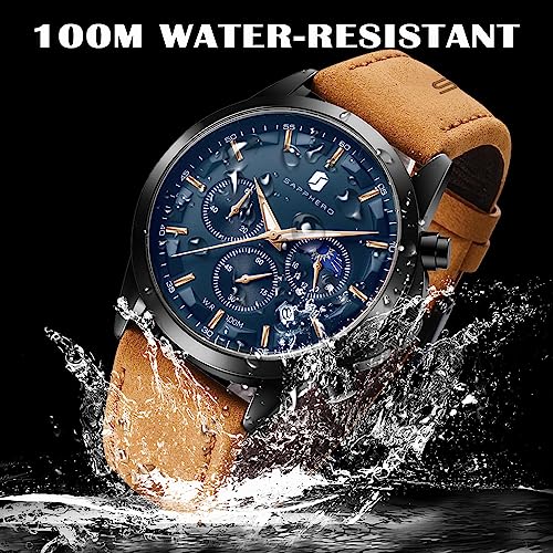 By Benyar Men's Watch 100M Waterproof Sapphero New Launch Chronograph Quartz Watches Men's Designer Fashion Casual Watch With Date Calendar Watches For Men Leather Strap #TOP2