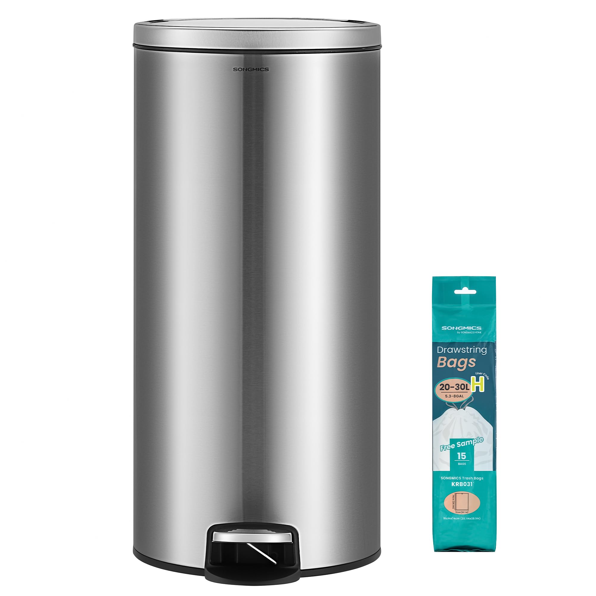 SONGMICS Pattumiera Rotonda, Cestino con 15 Sacchetti Spazzatura, Pedale in Metallo, Secchio Rimovibile in Plastica, Manico, Chiusura Ammortizzata, Acciaio Inox, 30 L, Argento LTB031EZ02