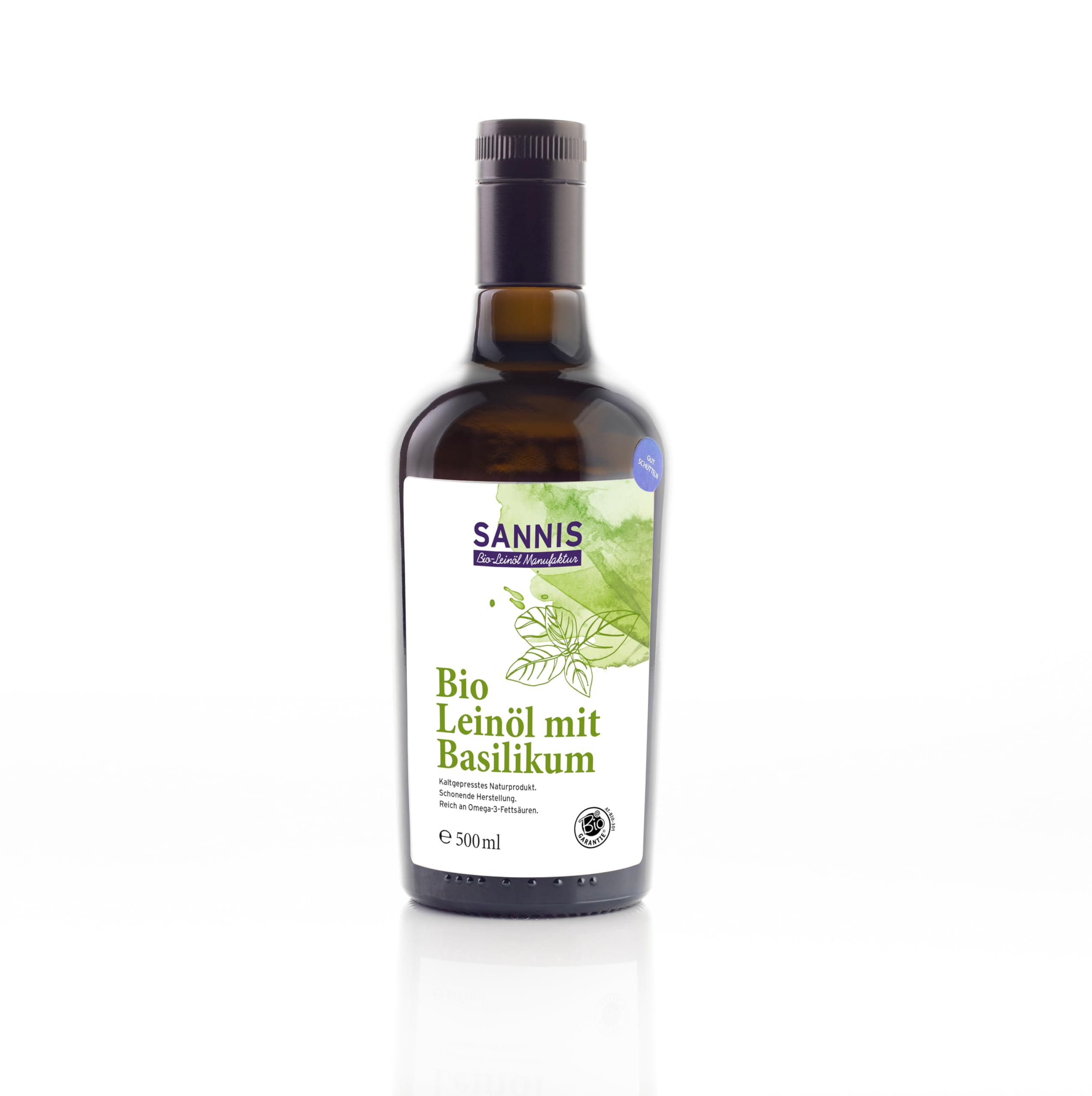 SANNIS Bio-Leinöl mit Basilikum 500 ml I Leinöl aus kontrolliert biologischem Anbau I kaltgepresst & ungefiltert I reich an Omega-3-Fettsäuren I nussig-milder Geschmack für Kartoffeln, Fisch & Fleisch