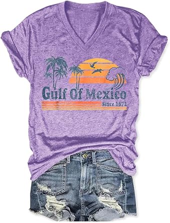 Gulf of Mexico T Shirt Graphic Mexico Shirts for Women Retro Beach Tops