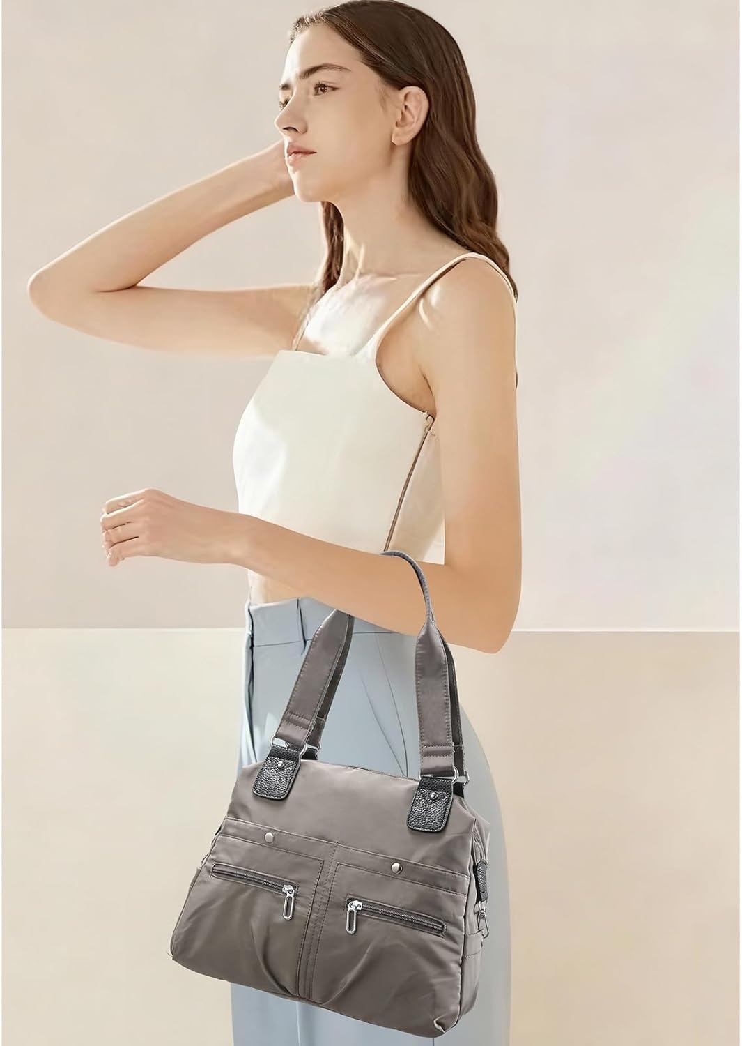 RNIEGA Tote Bag for Women Large Capacity Nylon Handbag Portable Zippered Casual Bag Multiple Color Purse for Travel, Work