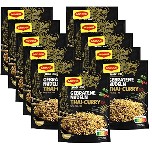 MAGGI Magic Asia Gebratene Nudeln Thai Curry, asiatisches Fertiggericht, Instant-Nudeln, mit Gemüse & cremiger Kokosmilch, scharf gewürzt, 11er Pack (11 x 130g)