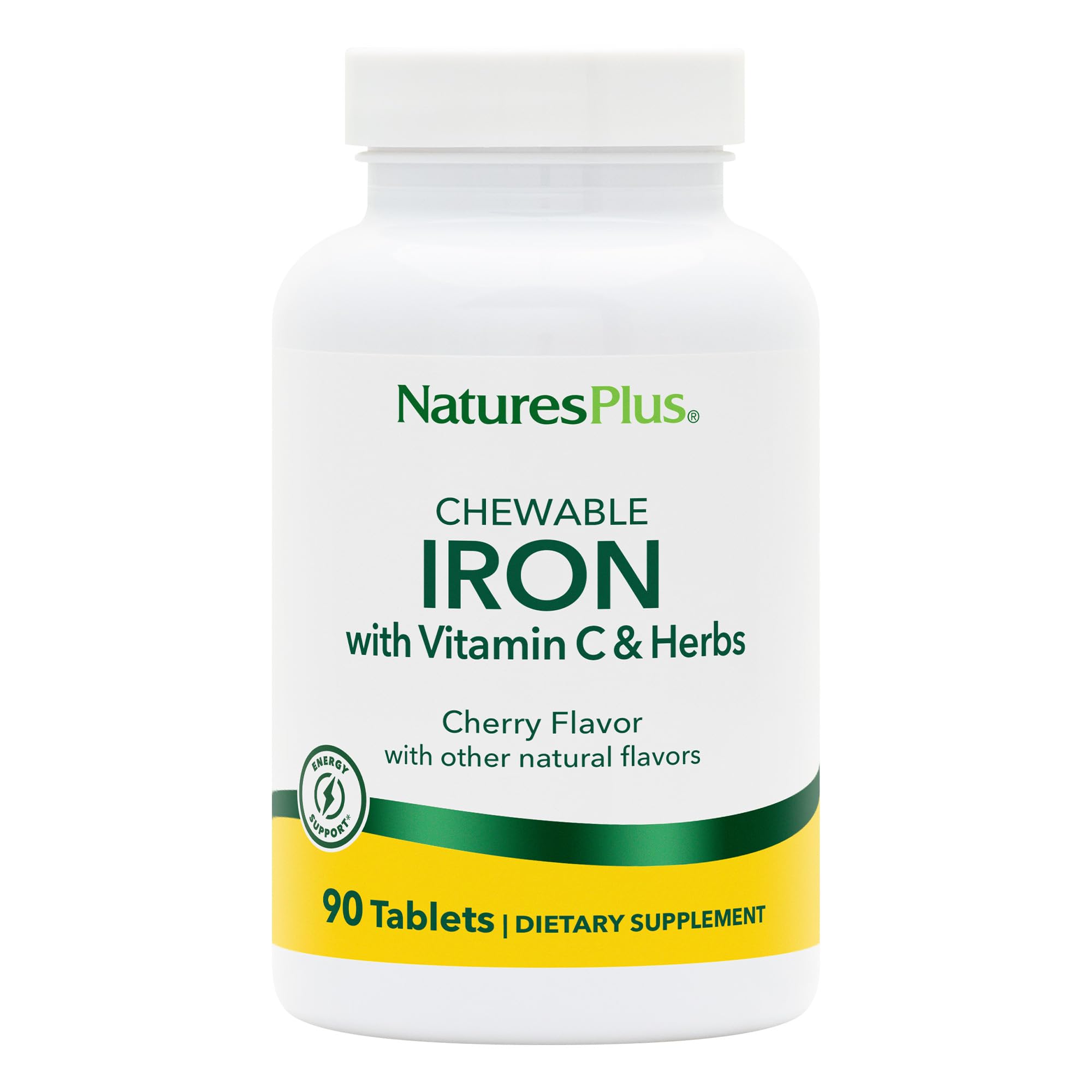 Nature's Plus Chewable Iron With Vitamin C & Herbs, 90 Tablets, Cherry Flavor - Support For Healthy Blood, Natural Energy Production & Overall Well-Being