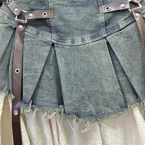 Retro Spliced Denim Pleated Skirt for Women Summer High Waist A-line Skirt4