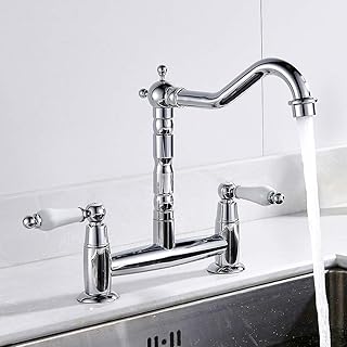 Kitchen Sink Taps 2 Hole 1/4 Turn Dual Traditional Ceramic Handles Lever Hot & Cold Mixer Faucet Swivel Spout Brass Taps