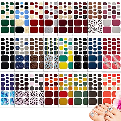 24 Sheets Gel Toe Nail Stickers Adhesive Toe Nail Wraps Mix Color Nail Polish Sticker Full Wraps Toenail Polish Strips DIY Glitter Toenail Manicure Decals for Women Girls