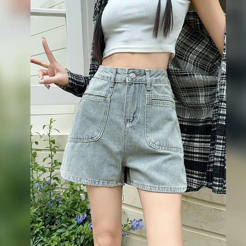 High-Waist Slimming Denim Shorts Women's Summer Loose Pocket A-Line Hot Girl Wide Leg Pants
