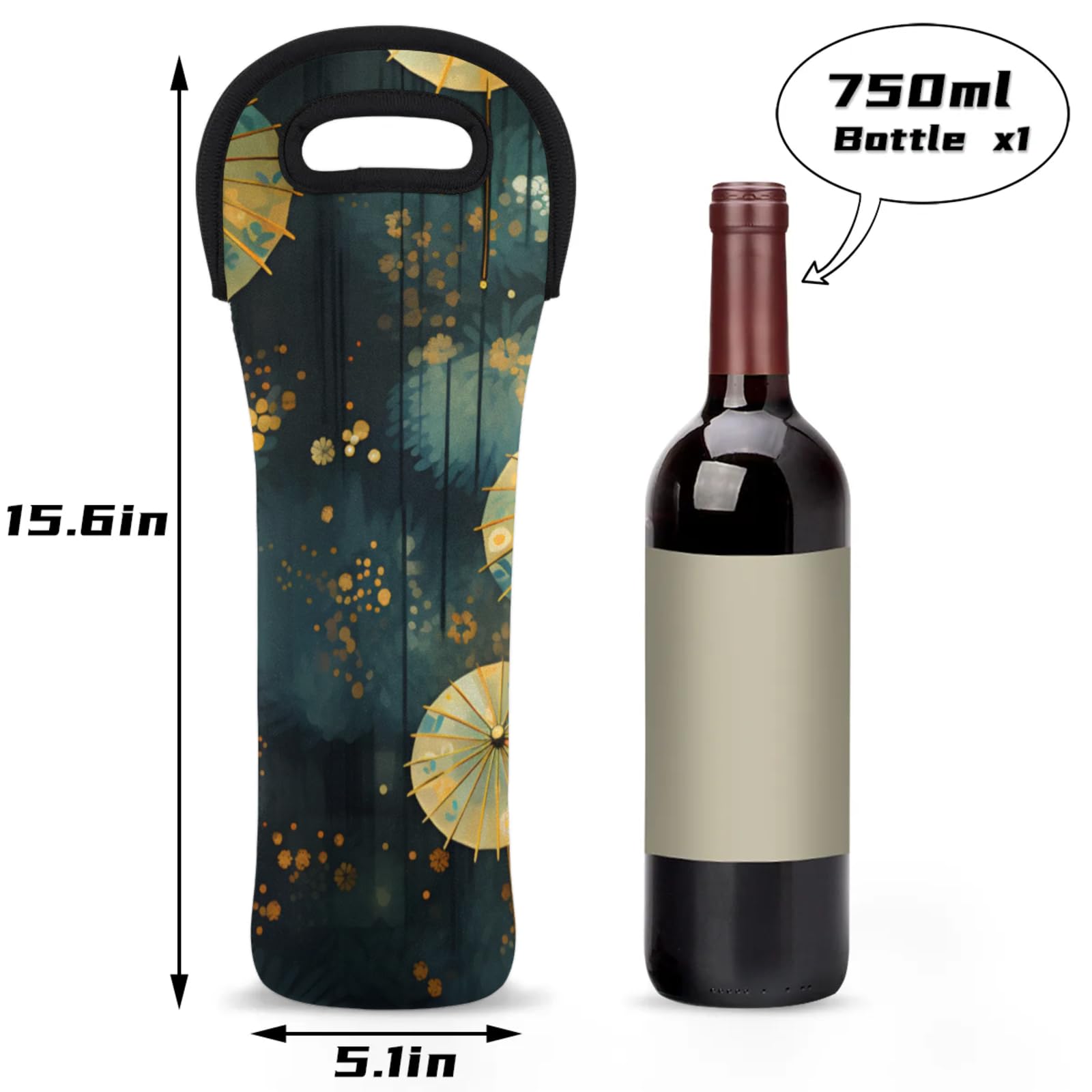 Neoprene Wine Tote Carrier Bag for Wine,Water, Champagne, Beer, Baby Bottles 15.6 x 5.1 Inches, Protective Wine Bag,Japanese Umbrella
