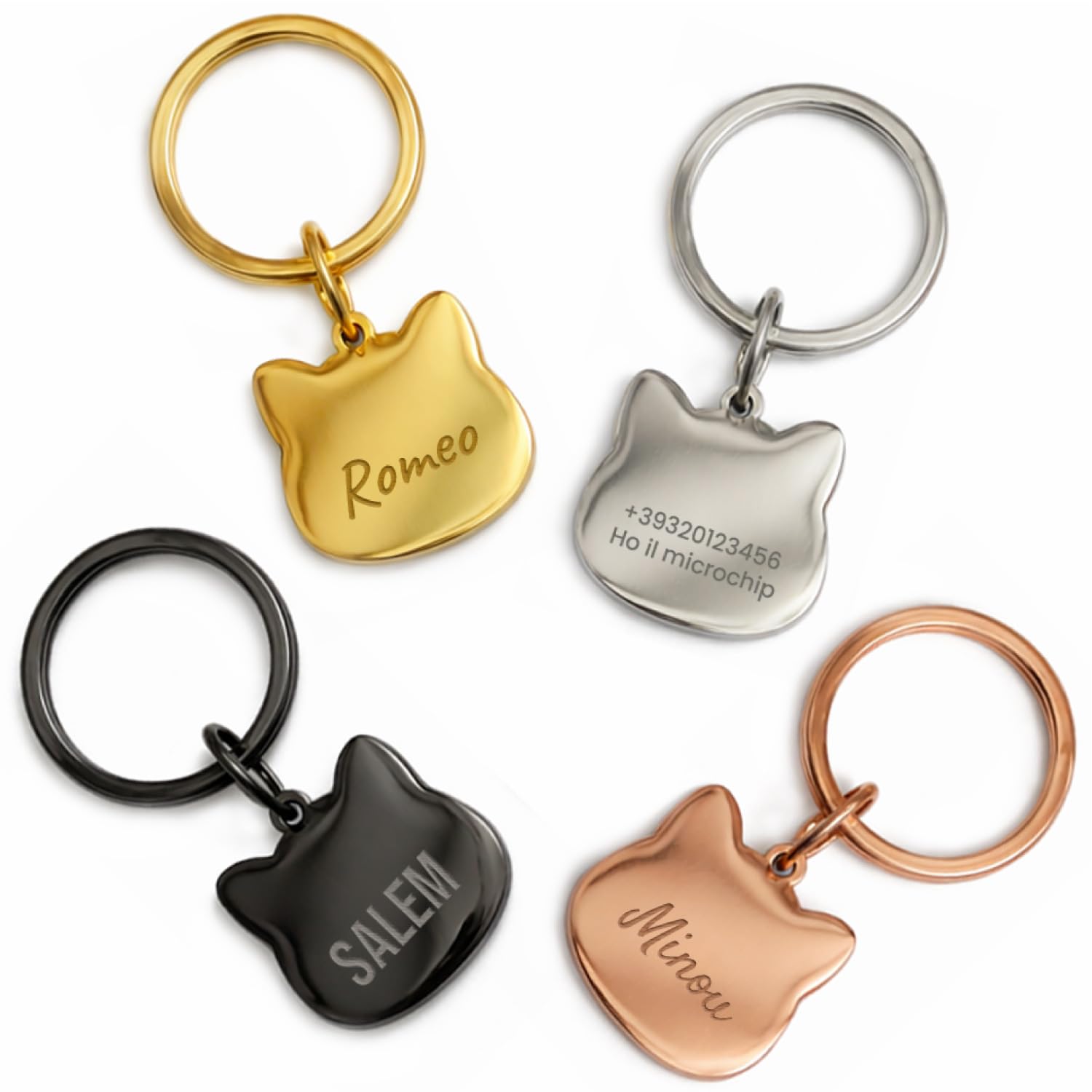 LASERO’ Medaglietta Gatto Personalizzata in Acciaio Lucido 2,5x2,5cm – Targhetta Gatto con Incisione Laser di Nome e Dati – 4 Colori (Rosa/Argento/Nero/Oro) – Targhetta Identificativa per Collare