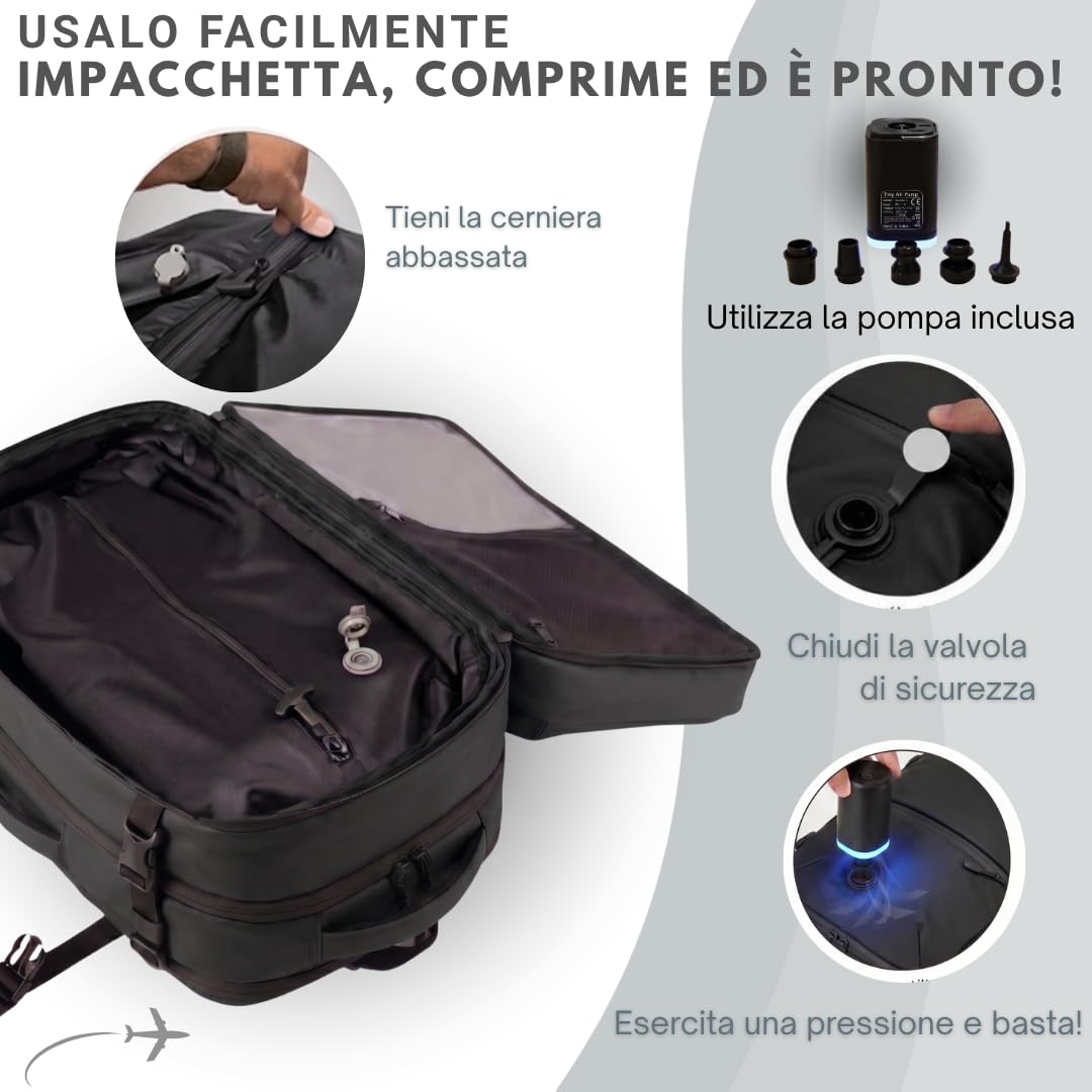 Zaino Ryanair 49x20x32 Sottovuoto Con Pompa – Zaino Da Viaggio Bagaglio A Mano Per Aereo, Zaino Viaggio Cabina Con Apertura A Valigia, Porta USB E Lucchetto TSA (Nero)