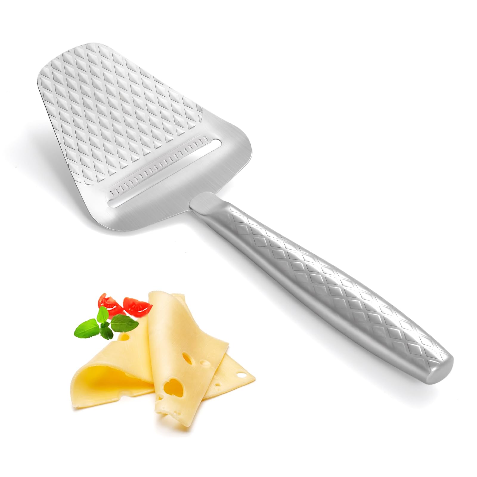 Stainless Steel Cheese Slicer – Effortless Slicing for All Cheeses – Premium Handheld Cheese Cutter – Cheese Plane for Block Cheese – Quilted Pattern Reduces Resistance, Non-Stick &amp; Ergonomic Grip