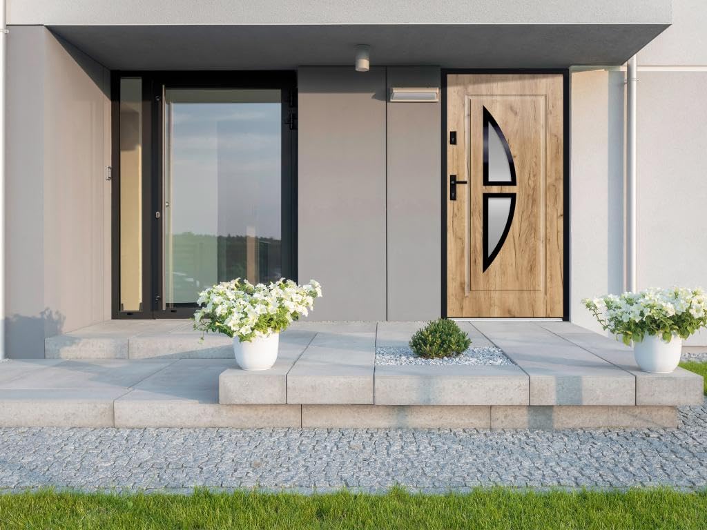 Vente-unique - Puerta de entrada de acero con vidrio y acero inoxidable H207 x L100 cm efecto roble - apertura hacia la derecha - COVAS
