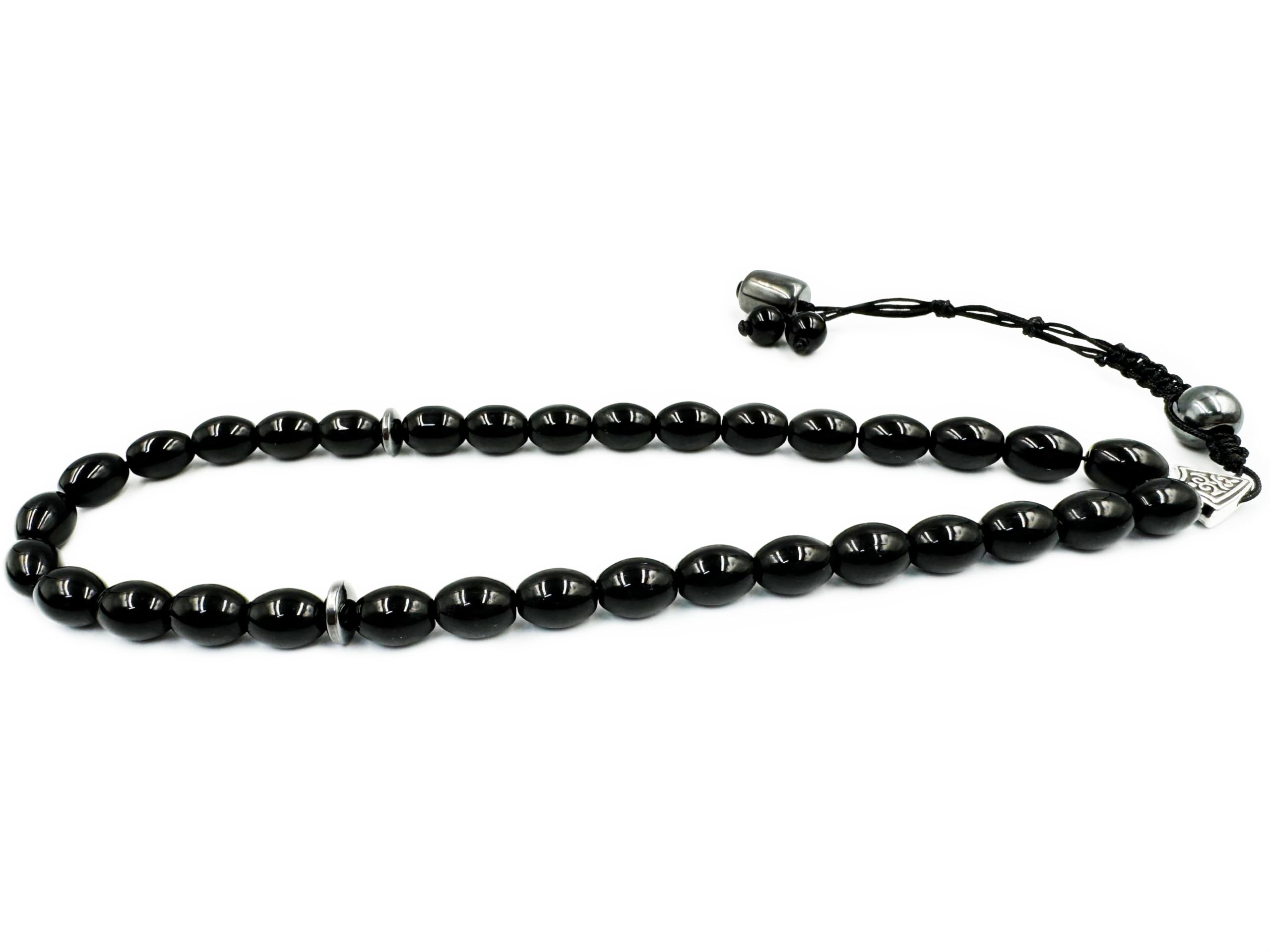 Black Agate with Hematite Stone for Men & Women 33 Beads | Natural Crystal Healing Gemstone Islamic Religious muslim Prayer Beads for Meditation, Stability & Protection | Beads Size: 8mm