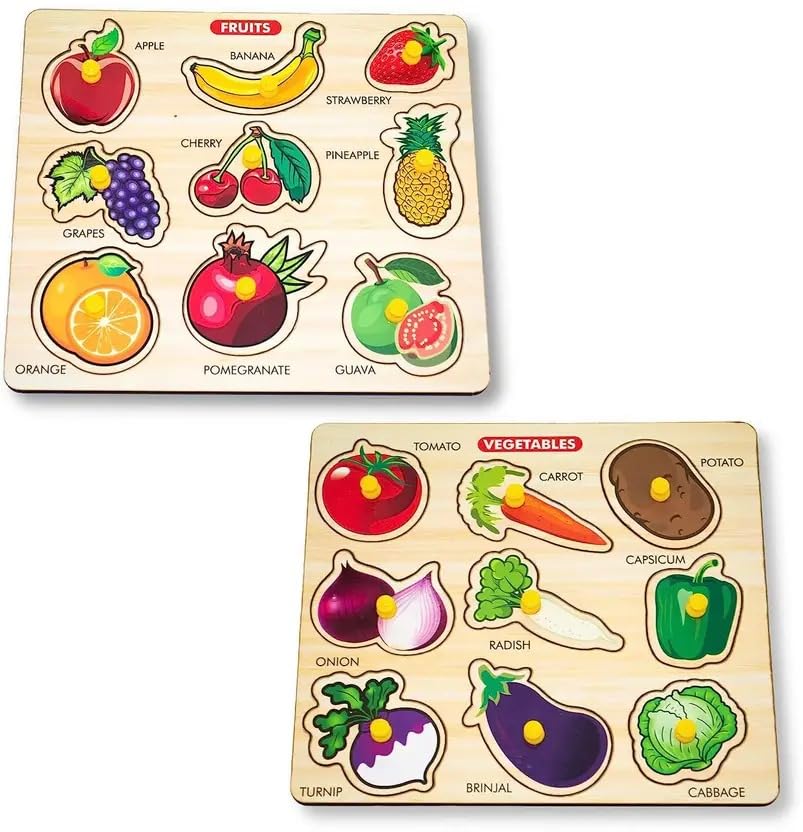 popplop combo montessori wooden fruit puzzle with peg knobs+ wooden vegetables matching peg puzzle with picture educational board for kids