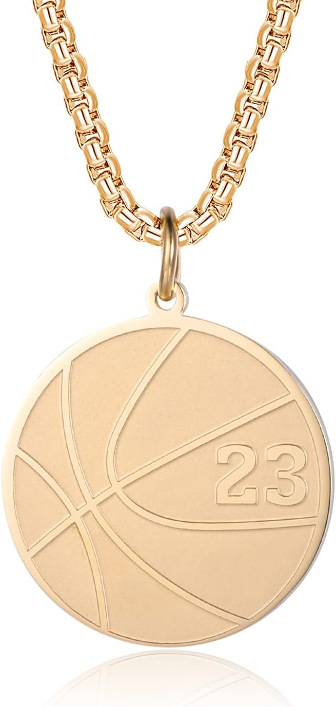 Susook Basketball Number Necklace for Boys Gold Stainless Steel Basketball Pendant Sport Jewelry Gifts for Men