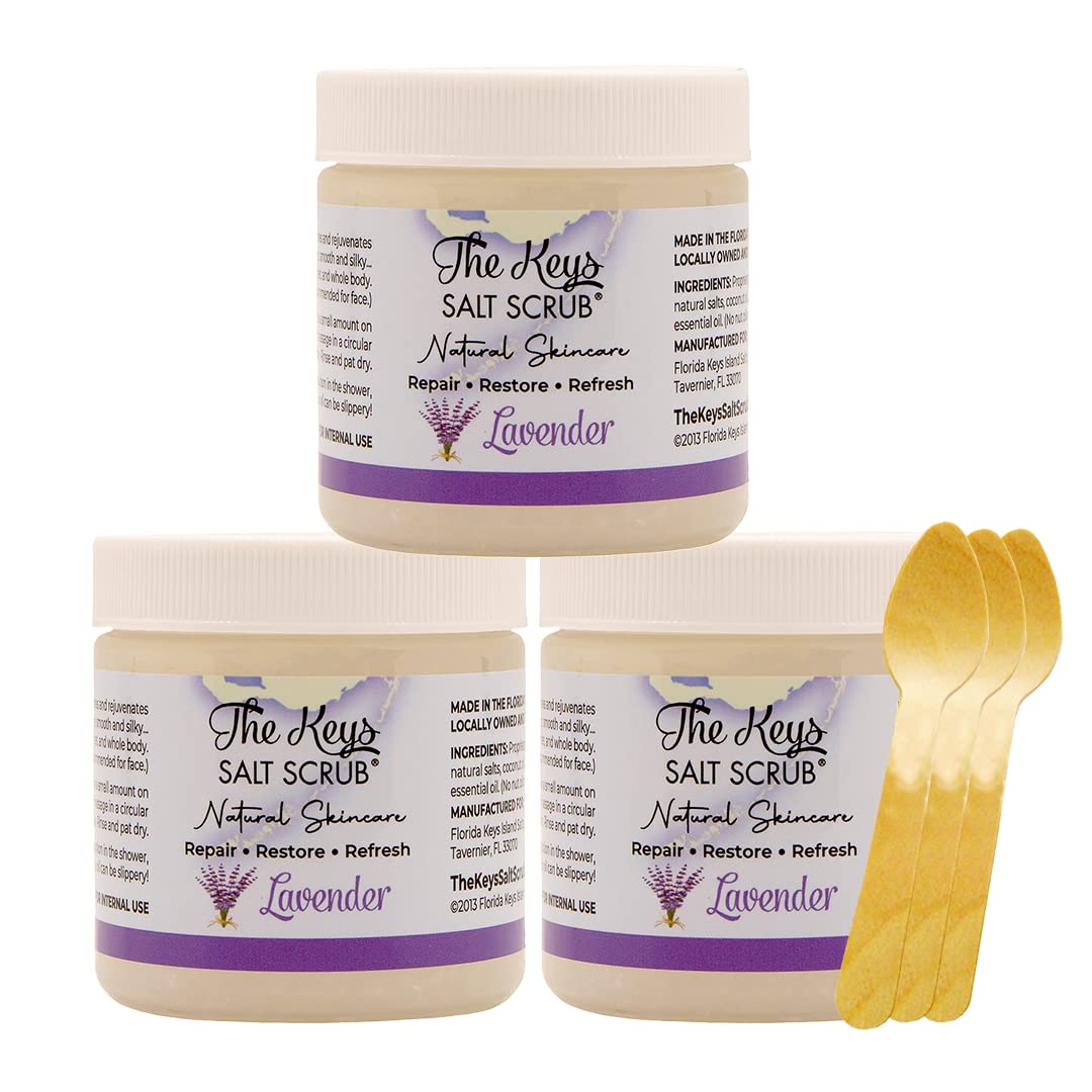 The Keys Salt Scrub - Lavender Sea Salt Scrub - Exfoliating Body Scrub with Wooden Spoon - Moisturizing Exfoliator for Face, Hands, Foot, Bath,
