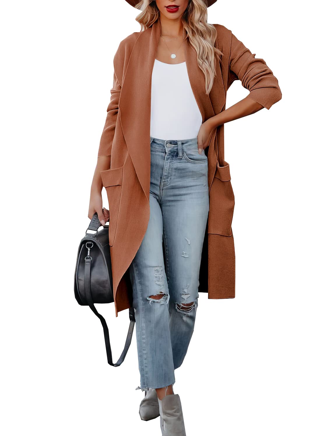 kinstell Lässige Damen-Strickjacke, langärmelig, vorne offen, drapiert, Lange Strickjacke, Jacken, Pullover, Mantel, Blazer mit Taschen