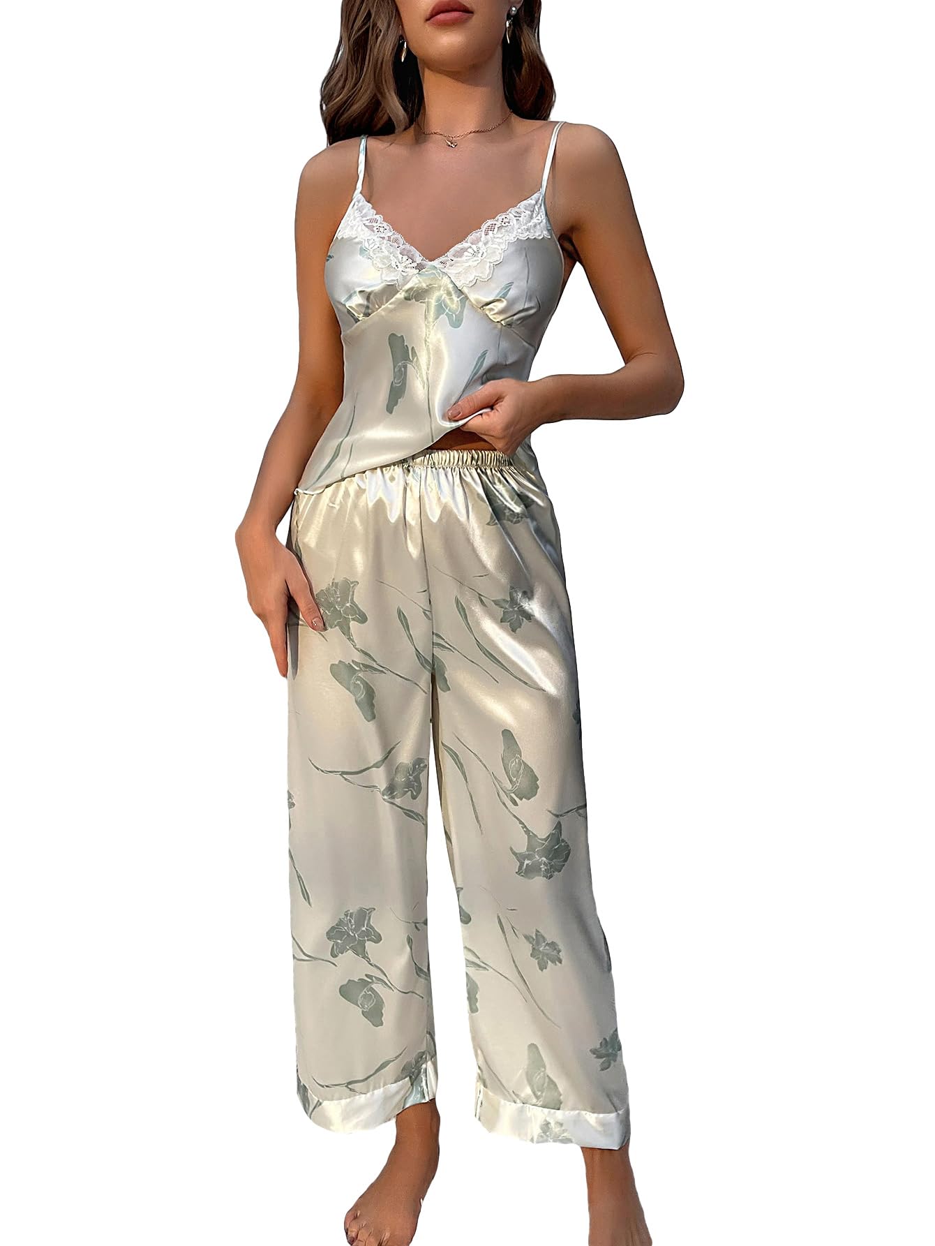 Women's Silk Satin Pajamas Set Floral Printed Lace V Neck Cami Tops and Pants 2 Piece Sleepwear Sets