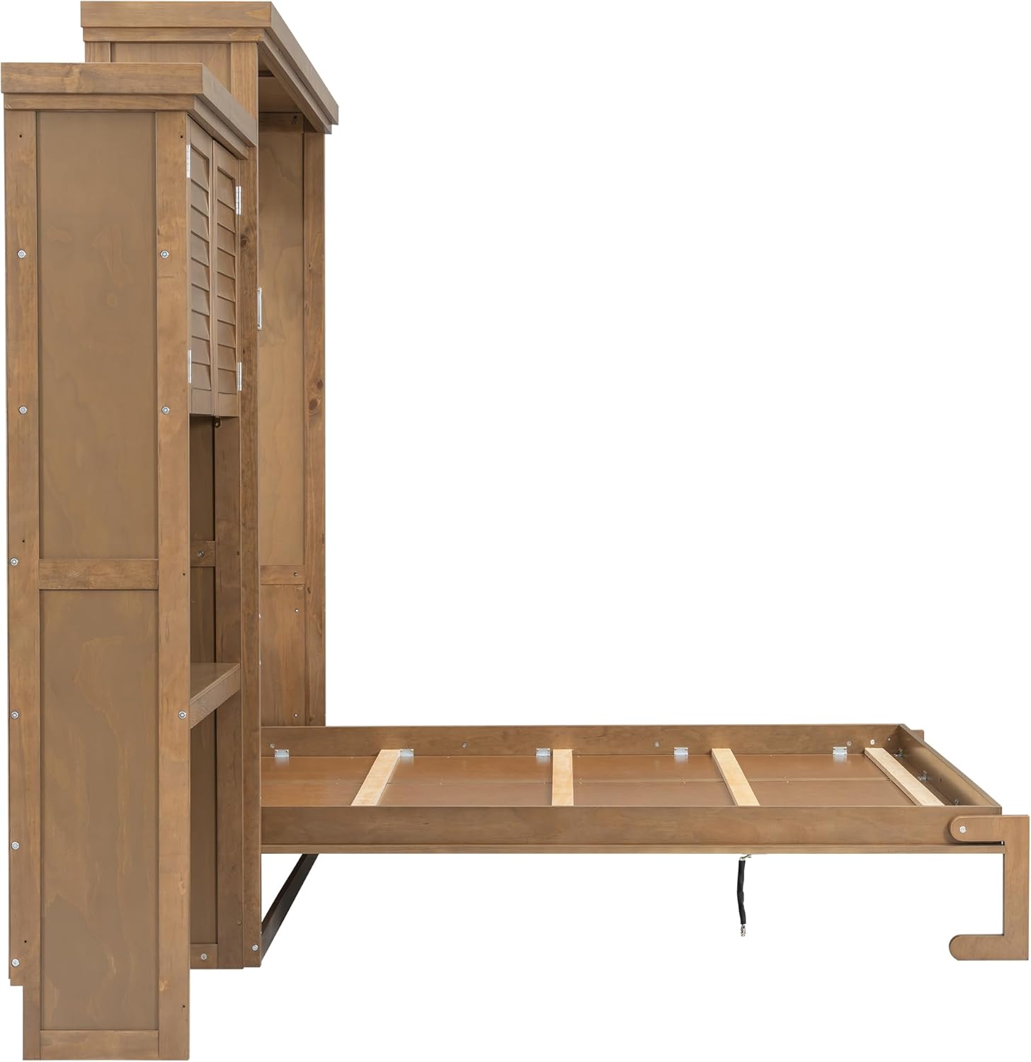 MERITLINE Wall Murphy Bed with Storage Shelves and Desk, Foldable Cabinet Bed with Louvered Style Decoration, Queen Size, Wood Color