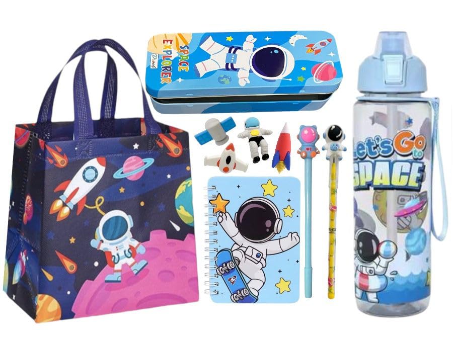 Image of Le Delite Space Astronaut Theme Stationery Gift Set - 7-Piece Combo with Diary, Pencil Box, Eraser, Pen, Pencil,Astronaut Display sipper Water Bottle & Gift Bag for Kids (Multicolor Combo)