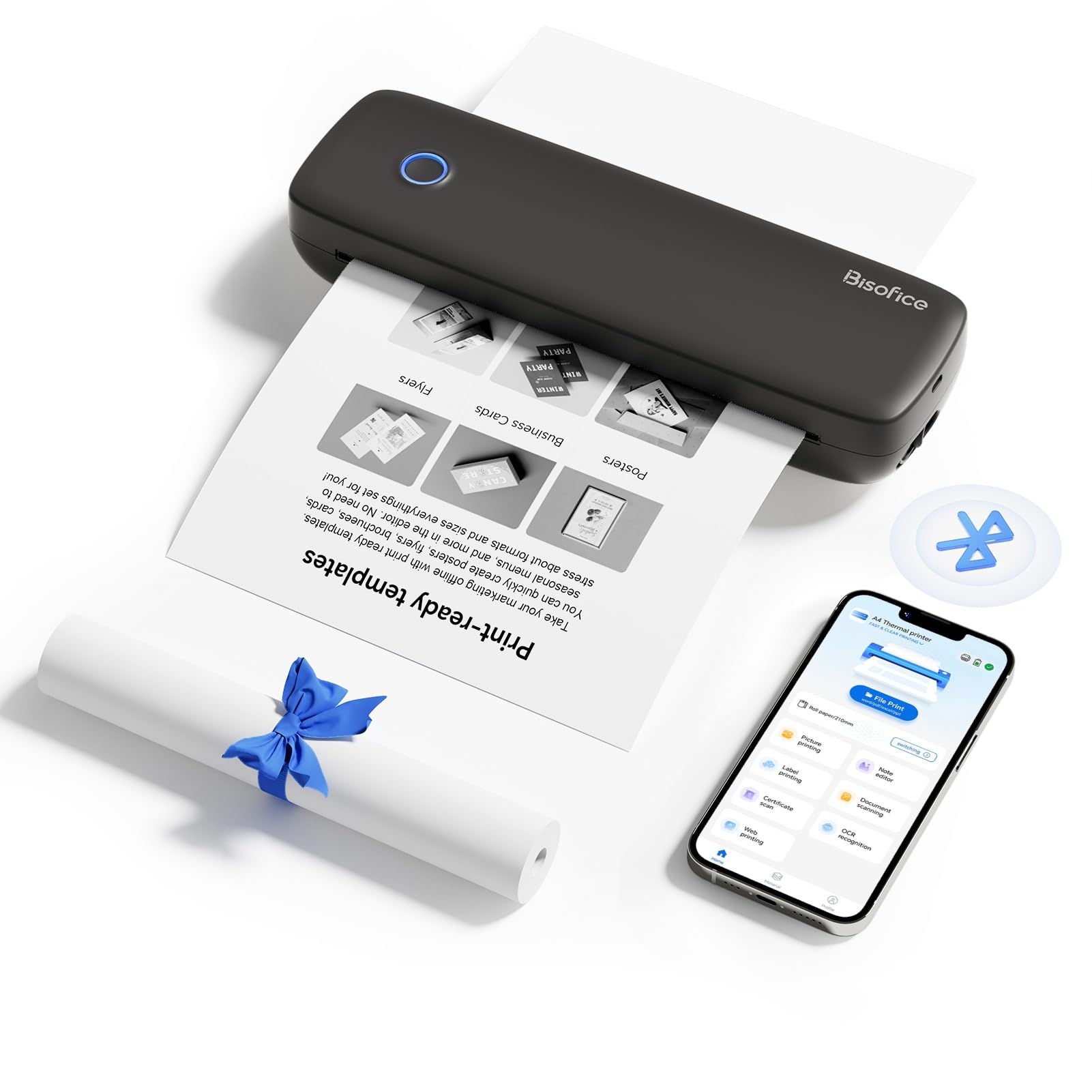 Bisofice Stampante Termica Portatile A4, 300DPI Stampante Bluetooth Senza inchiostro, Adatto per carta 2''/3''/4''/8'', Stampante Compatta per Ufficio, Viaggi, Studio, Casa, Nero