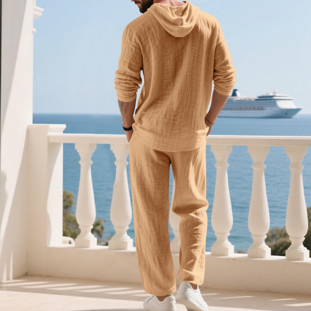 Homme Ensemble en Lin 2 Pièce Chemises Shirt à Capuche Manches Longues Pantalons Casual Vintage Survêtement Printemps Été