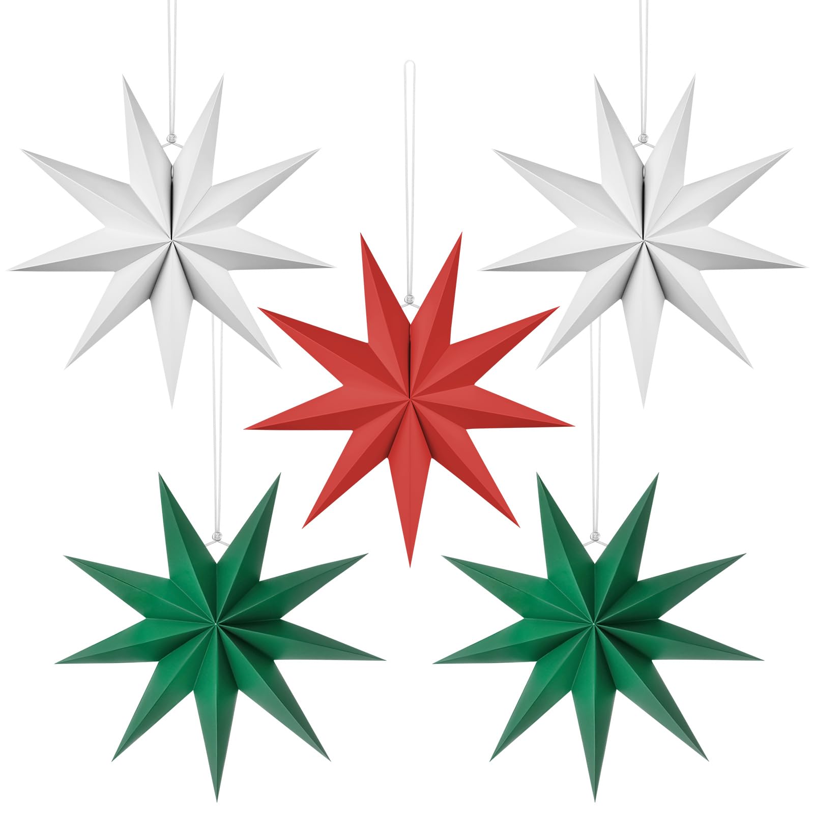 Vicloon 9 Pointed Paper Star Lanterns, 5 PCS 30cm 3D Large Star, Christmas Decorations Hanging Stars, Paper Lantern for Christmas Wedding Birthday Holiday Party Home Decor (5 Colors)