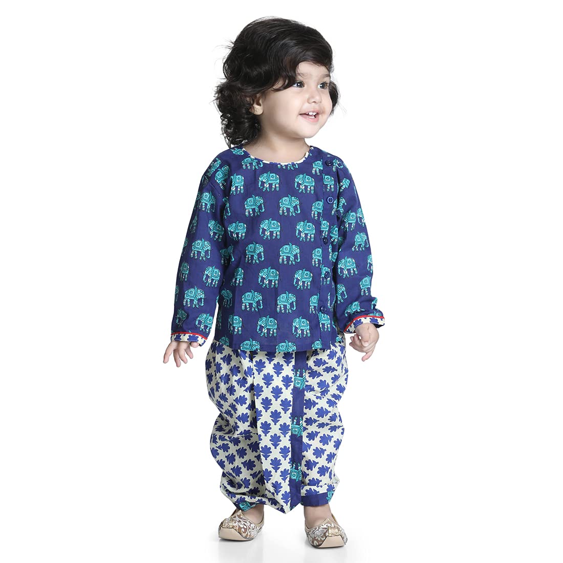 BownBeeEthnic Wear Infant Front Open Cotton Dhoti kurta Set for Baby Boys with Long Sleeves and Round Neck_Hathi Printed