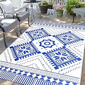 Waterproof Outdoor Rug 5x8ft, Boho Reversible Plastic Straw Mat for Patio RV Deck Porch Backyard Balcony Camping Picnic Beach Indoor Outdoor Carpet, Blue&White
