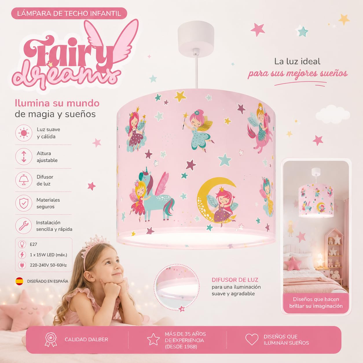 Dalber Lámpara De Techo Colgante Infantil Fairy Dreams Hadas Rosa, lámparas infantiles