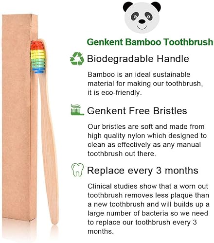 Miniatura 4 de GENKENT 10 cepillos de dientes de bambú natural de carbón de bambú hecho con cerdas suaves arcoíris sin BPA en color ecológico, cerdas de madera