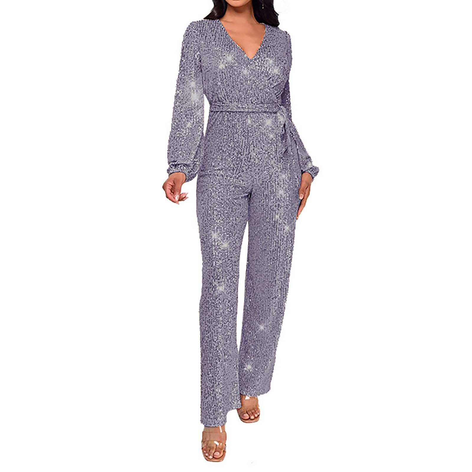 Women Sequin Party Clubwear Romper Glitter Shiny Wrap V Neck Sexy Long Sleeve Jumpsuit Straight Wide Long Pants