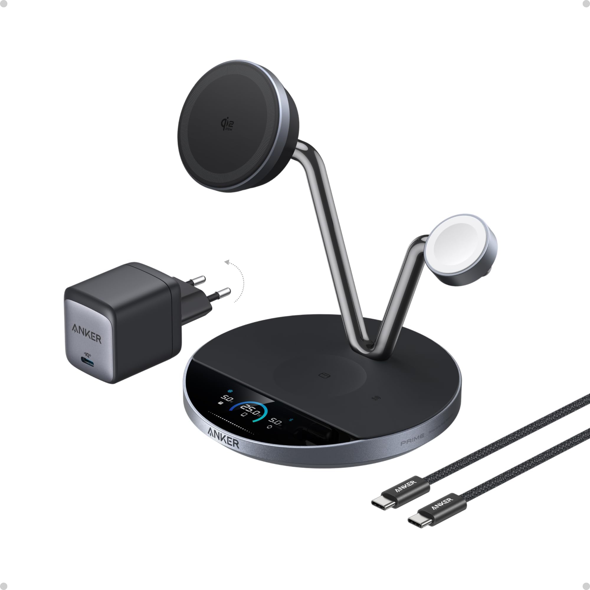 Anker Prime Cargador Inalámbrico iPhone 3 en 1 Qi2 25W Pantalla Inteligente | MagSafe compatible, enfriamiento activo TEC, pantalla inteligente. Para iPhone 17-12, Apple Watch, AirPods y más.