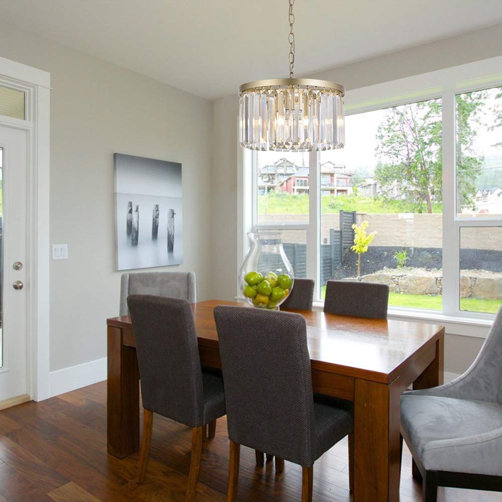 Cuaulans D13'' Gold Crystal Chandelier, Modern K9 Small Crystal Chandeliers, Round 4 Lights Cord Adjustable Hanging Ceiling Lighting Fixture for Dining Room Bedroom Closet Kitchen Island Foyer