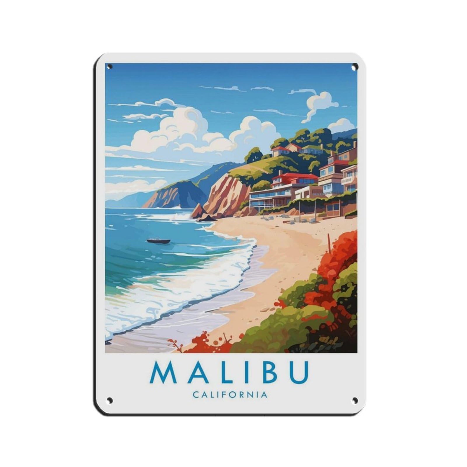 Malibu Travel, California Travel Decor Retro Poster Metal Tin Sign Chic Art Retro Iron Painting Bar People Cave Cafe Family Garage Poster Wall Decoration 12x16inch(30x40cm)