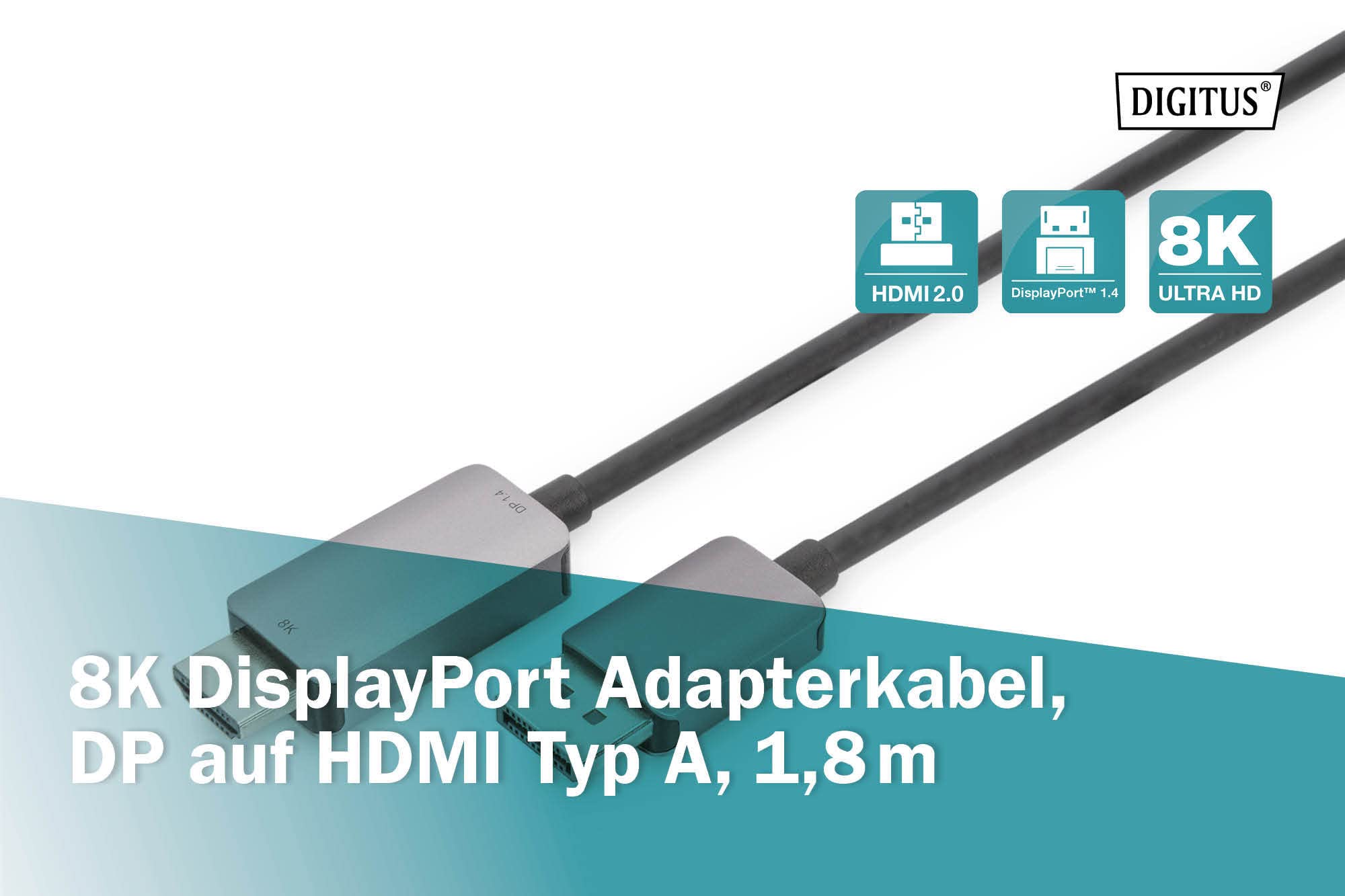 DIGITUS Kabel adapterowy Displayport do HDMI – 1,8m – HDMI 2.1 – Displayport 1.4 – UltraHD 8K/60 Hz – Plug&Play – czarny