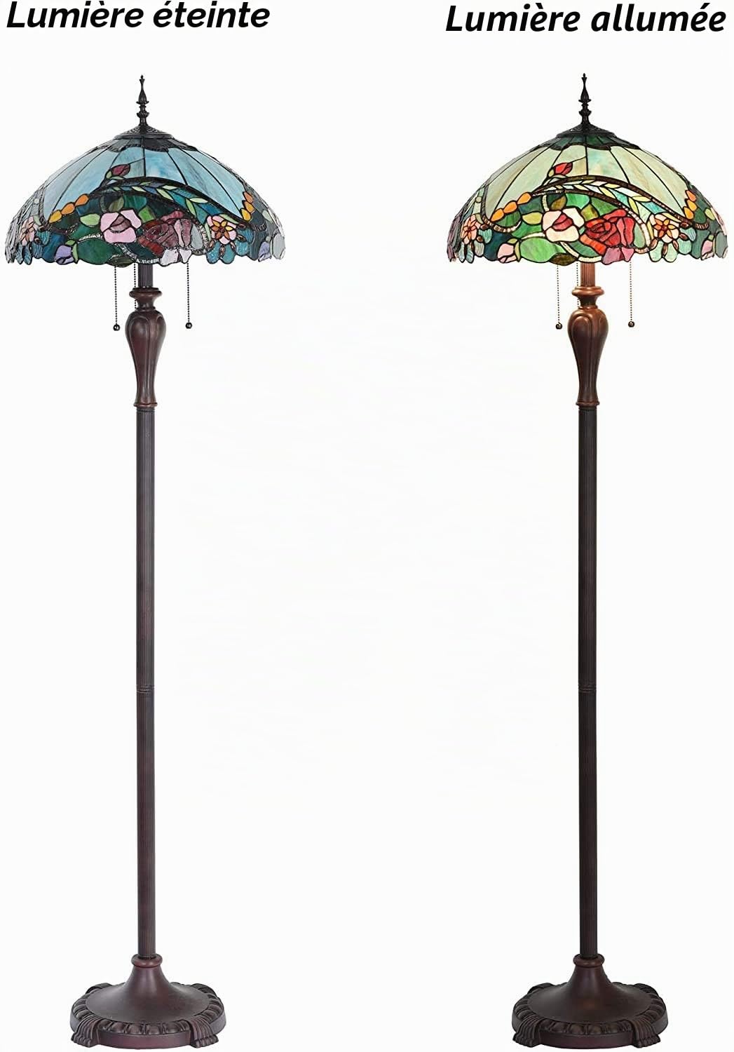 Bieye L30740 Lampadaire Tiffany Verre Teinté Fleurs Roses 46 cm