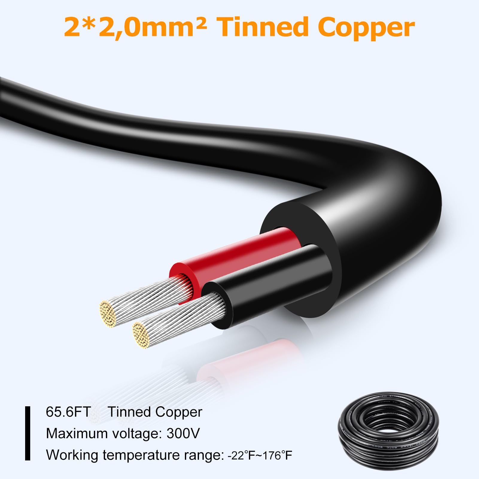 inShareplus 20M/65.6ft Electric Cable, 14AWG 2 * 2mm², 5V/12V/300V, Red & Black Tinned Copper Wires, LED Strip Extension Cable - Image 2