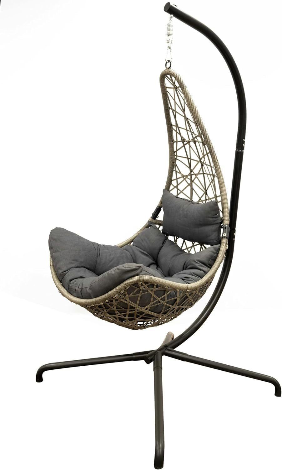 SH&G Hanging Swing Chair | Basket Chair, Stand & Cushion Set | Grey Rattan & Steel with Grey Cushion | Signature Homes and Gardens