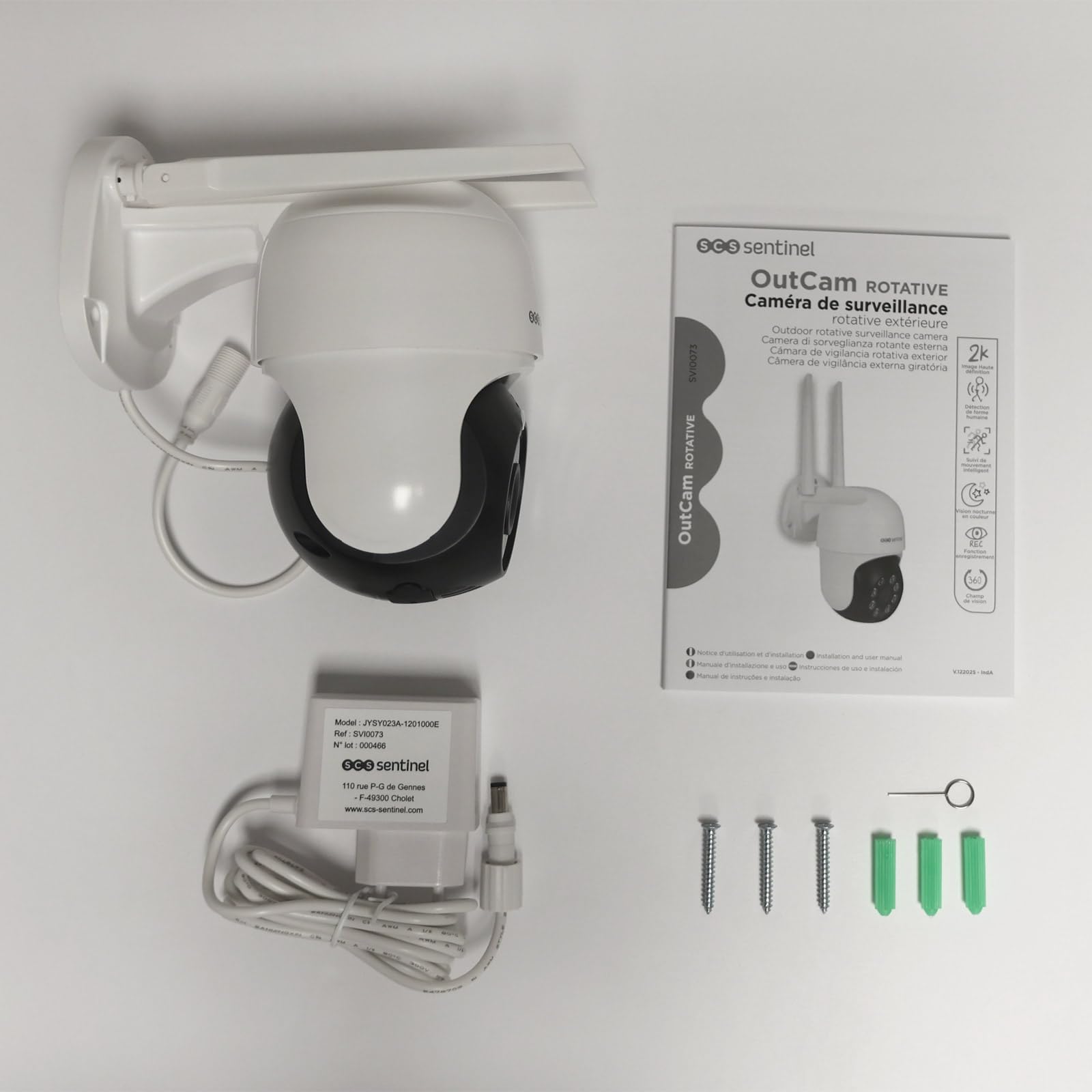 SCS Sentinel OutCam Rotative – Caméra Surveillance Extérieure Connectée 2K – Rotation 360° – Vision Nocturne – Détection de Mouvement – Interphonie Bidirectionnelle – IP65 – SVI0073