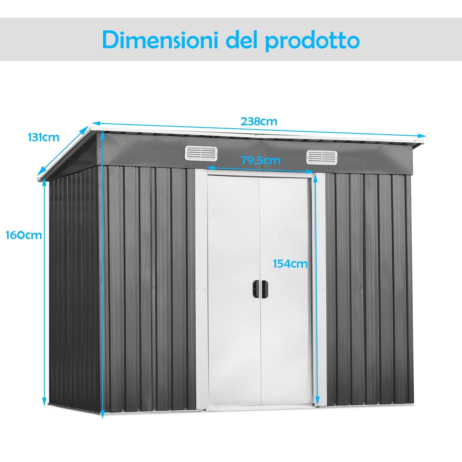 RELAX4LIFE Casetta da Giardino 3,12 m² 5 m³, in Lamiera d'Acciaio e e Lamiera Zincata con2 Porte Scorrevoli, Tetto Inclinato, per Porta Attrezzi, Tosaerba 238×131×160cm